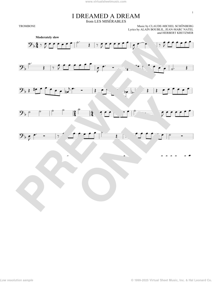 I Dreamed A Dream sheet music for trombone solo by Claude-Michel Schonberg, intermediate skill level