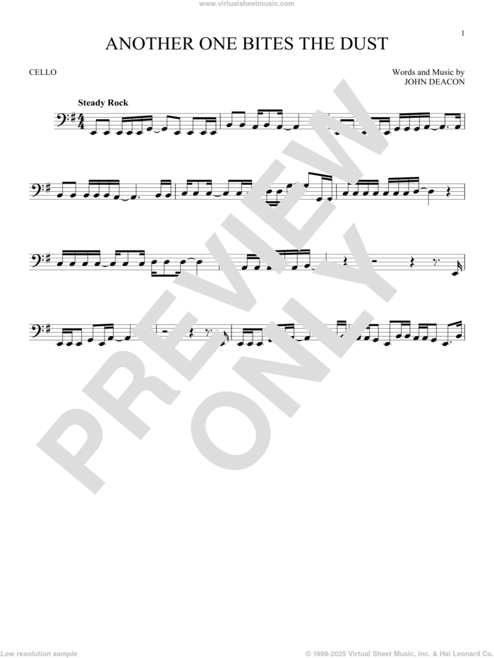 Another One Bites The Dust sheet music for cello solo by Queen and John Deacon, intermediate skill level