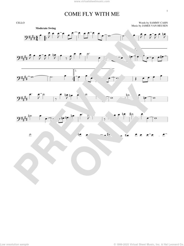 Come Fly With Me sheet music for cello solo by Frank Sinatra, Jimmy van Heusen, Sammy Cahn and Sammy Cahn & James Van Heusen, intermediate skill level