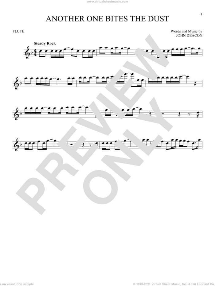 Another One Bites The Dust sheet music for flute solo by Queen and John Deacon, intermediate skill level