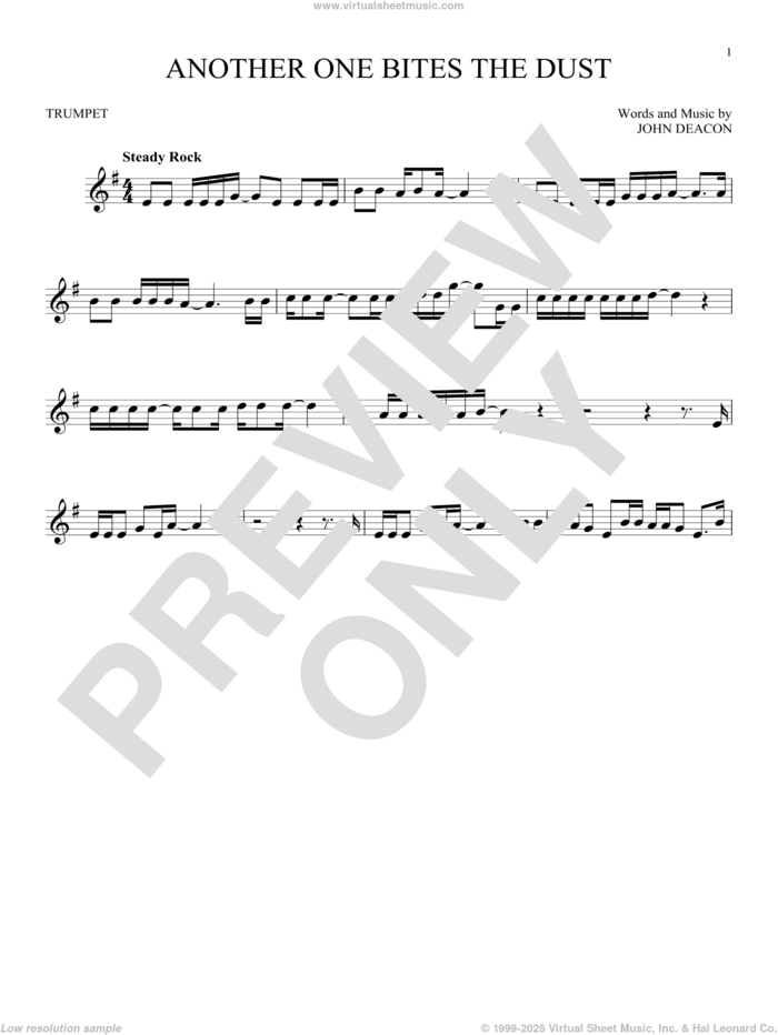 Another One Bites The Dust sheet music for trumpet solo by Queen and John Deacon, intermediate skill level