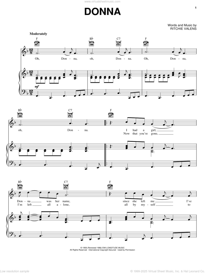 Donna sheet music for voice, piano or guitar by Ritchie Valens, intermediate skill level