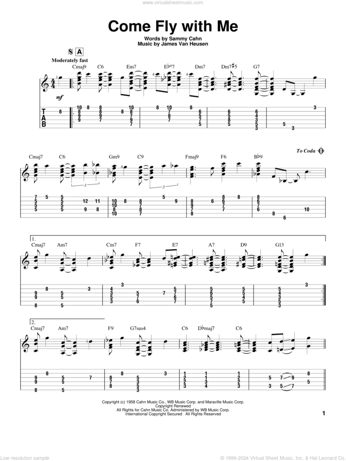 Come Fly With Me sheet music for guitar solo by Frank Sinatra, Jimmy van Heusen, Sammy Cahn and Sammy Cahn & James Van Heusen, intermediate skill level