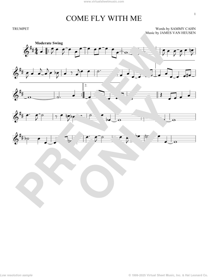 Come Fly With Me sheet music for trumpet solo by Frank Sinatra, Jimmy van Heusen, Sammy Cahn and Sammy Cahn & James Van Heusen, intermediate skill level