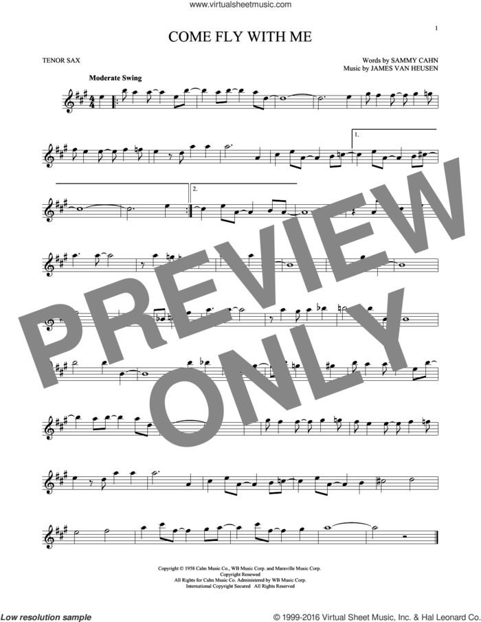 Come Fly With Me sheet music for tenor saxophone solo by Sammy Cahn, Jimmy van Heusen and Sammy Cahn & James Van Heusen, intermediate skill level