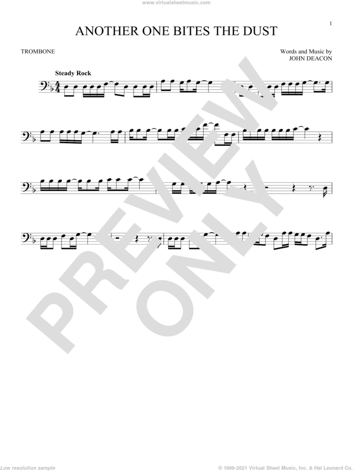 Another One Bites The Dust sheet music for trombone solo by Queen and John Deacon, intermediate skill level