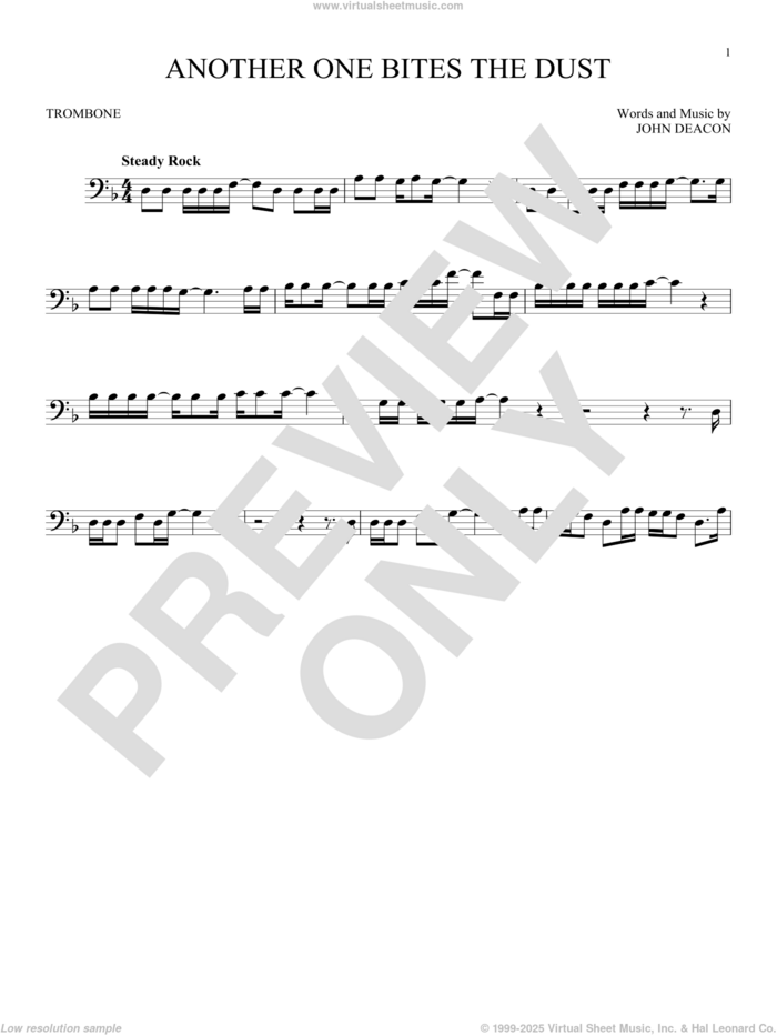 Another One Bites The Dust sheet music for trombone solo by Queen and John Deacon, intermediate skill level