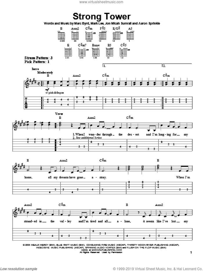 Strong Tower sheet music for guitar solo (easy tablature) by Kutless, Aaron Sprinkle, Jon Micah Sumrall, Marc Byrd and Mark Lee, easy guitar (easy tablature)