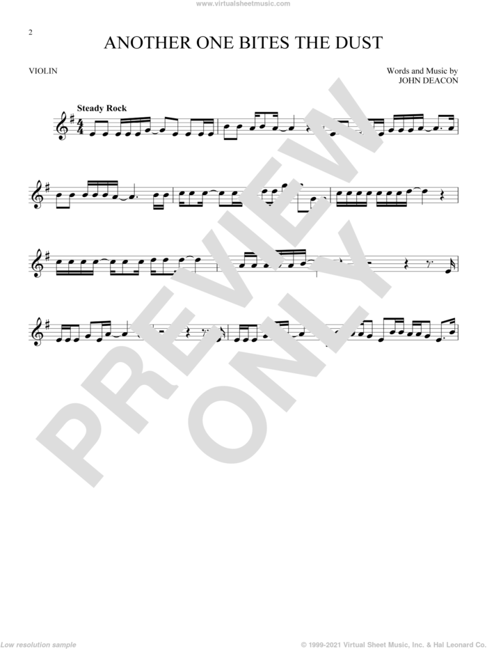 Another One Bites The Dust sheet music for violin solo by Queen and John Deacon, intermediate skill level