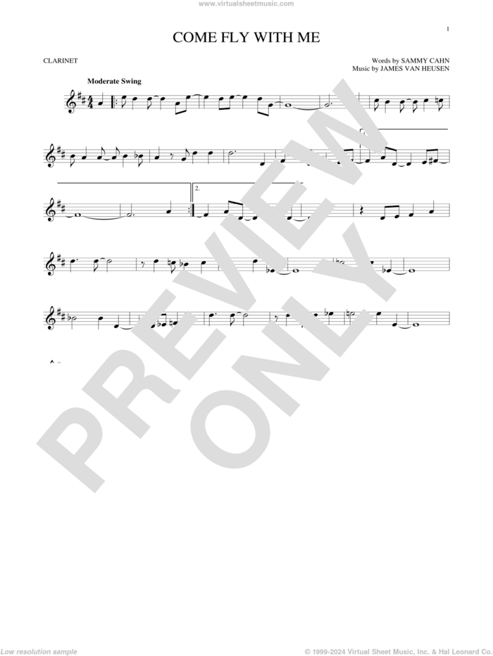 Come Fly With Me sheet music for clarinet solo by Frank Sinatra, Jimmy van Heusen, Sammy Cahn and Sammy Cahn & James Van Heusen, intermediate skill level