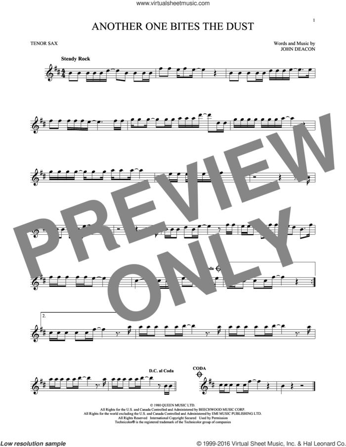 Another One Bites The Dust sheet music for tenor saxophone solo by Queen and John Deacon, intermediate skill level