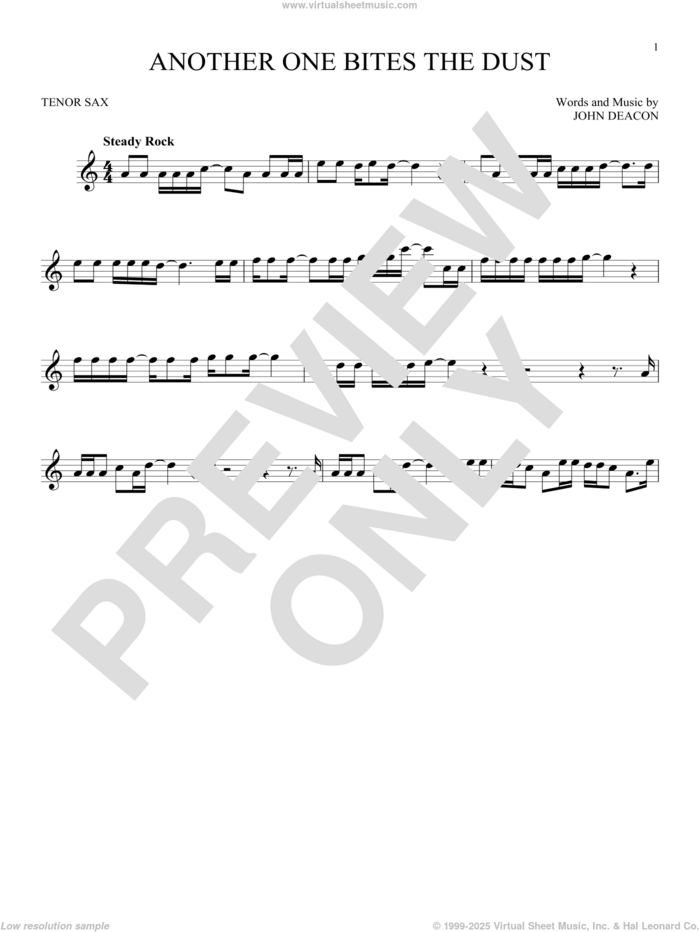 Another One Bites The Dust sheet music for tenor saxophone solo by Queen and John Deacon, intermediate skill level