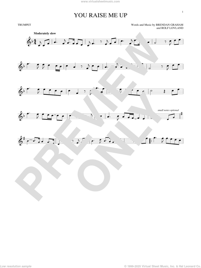 You Raise Me Up sheet music for trumpet solo by Josh Groban, Secret Garden, Brendan Graham, Rolf LAuvland and Rolf Lovland, wedding score, intermediate skill level