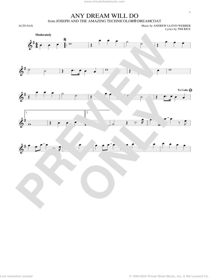 Any Dream Will Do sheet music for alto saxophone solo by Andrew Lloyd Webber, Andrew Lloyd Webber & Tim Rice and Tim Rice, intermediate skill level