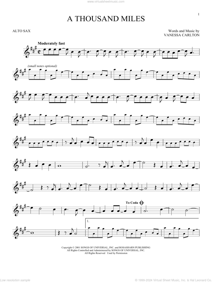 A Thousand Miles sheet music for alto saxophone solo by Vanessa Carlton, intermediate skill level