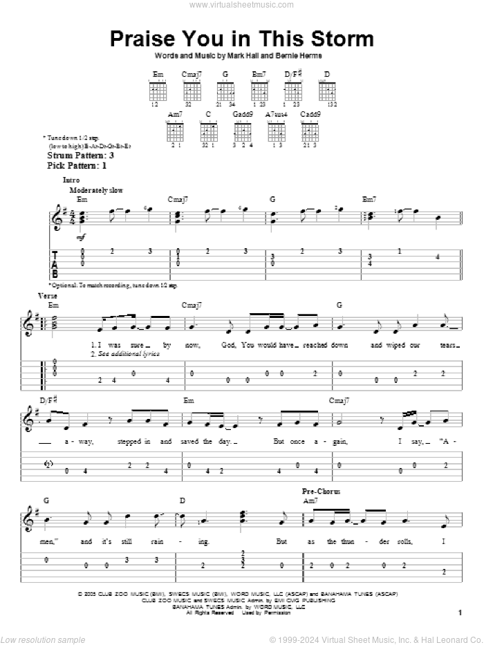 Praise You In This Storm sheet music for guitar solo (easy tablature) by Casting Crowns, Bernie Herms and Mark Hall, easy guitar (easy tablature)