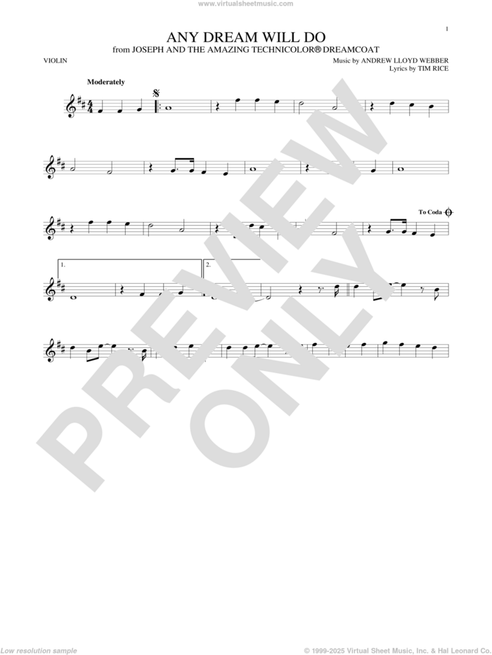 Any Dream Will Do (from Joseph and the Amazing Technicolor Dreamcoat) sheet music for violin solo by Andrew Lloyd Webber, Andrew Lloyd Webber & Tim Rice and Tim Rice, intermediate skill level