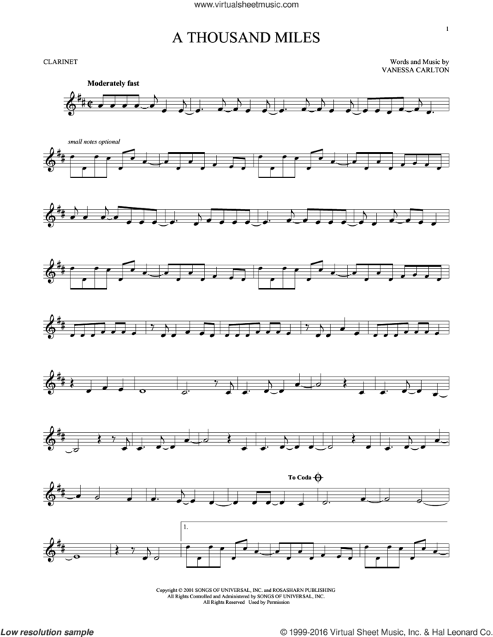 A Thousand Miles sheet music for clarinet solo by Vanessa Carlton, intermediate skill level
