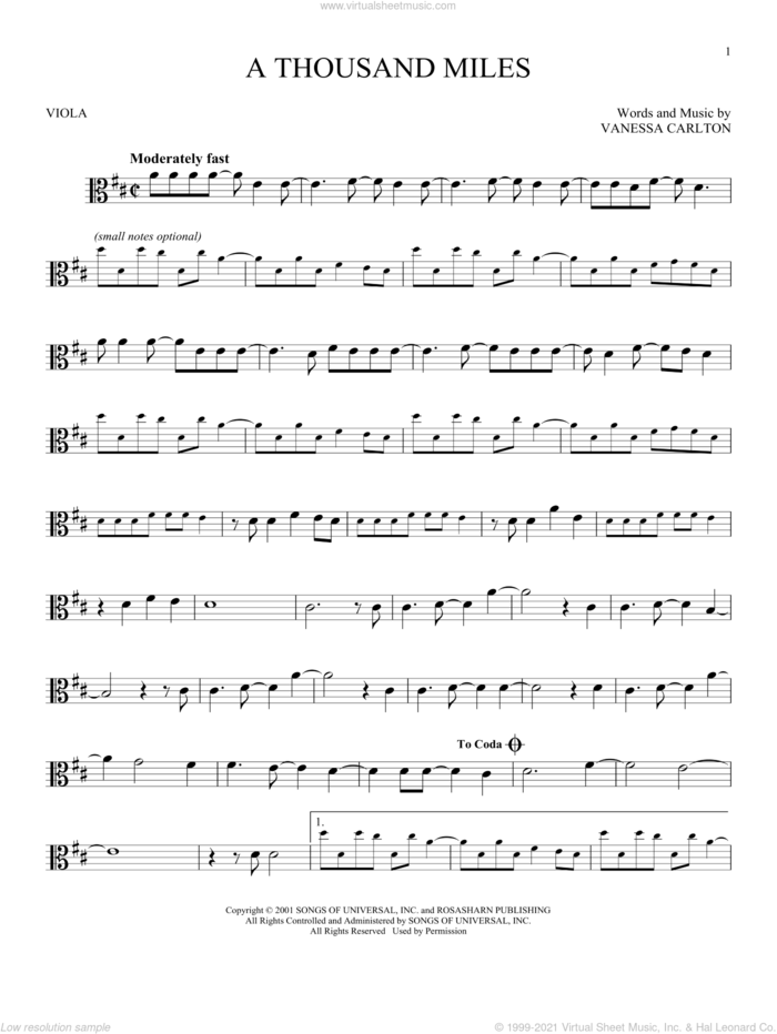 A Thousand Miles sheet music for viola solo by Vanessa Carlton, intermediate skill level