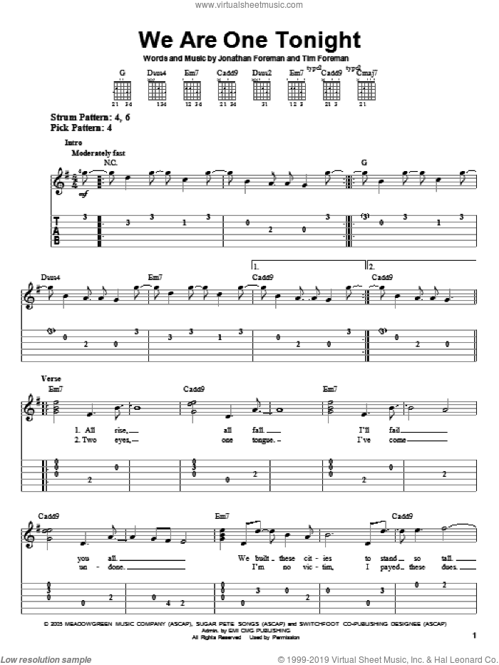 We Are One Tonight sheet music for guitar solo (easy tablature) by Switchfoot, Jonathan Foreman and Tim Foreman, easy guitar (easy tablature)