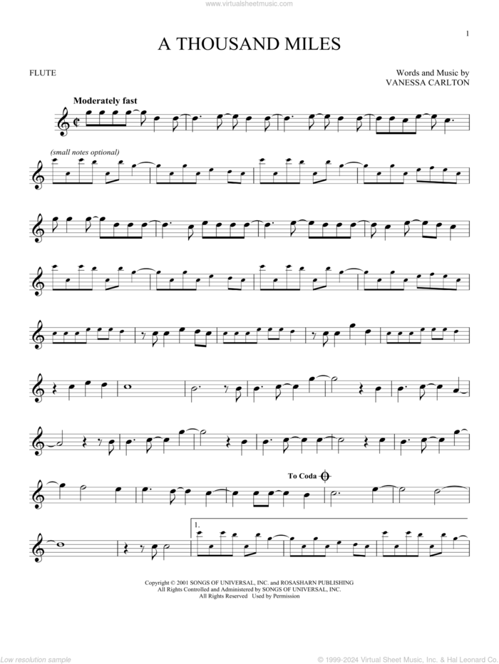 A Thousand Miles sheet music for flute solo by Vanessa Carlton, intermediate skill level