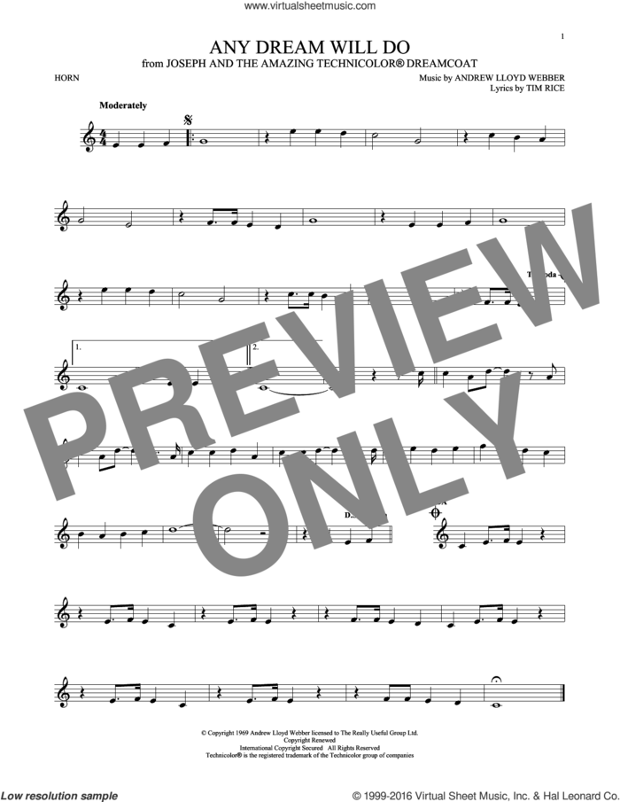 Any Dream Will Do (from Joseph and the Amazing Technicolor Dreamcoat) sheet music for horn solo by Andrew Lloyd Webber, Andrew Lloyd Webber & Tim Rice and Tim Rice, intermediate skill level