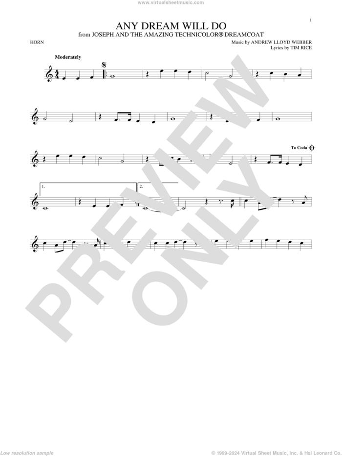 Any Dream Will Do (from Joseph and the Amazing Technicolor Dreamcoat) sheet music for horn solo by Andrew Lloyd Webber, Andrew Lloyd Webber & Tim Rice and Tim Rice, intermediate skill level