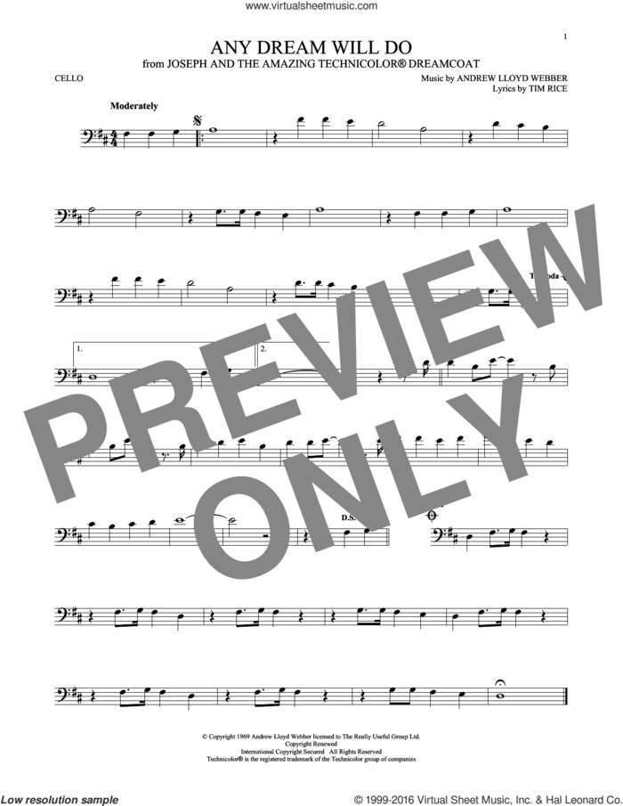 Any Dream Will Do (from Joseph and the Amazing Technicolor Dreamcoat) sheet music for cello solo by Andrew Lloyd Webber, Andrew Lloyd Webber & Tim Rice and Tim Rice, intermediate skill level