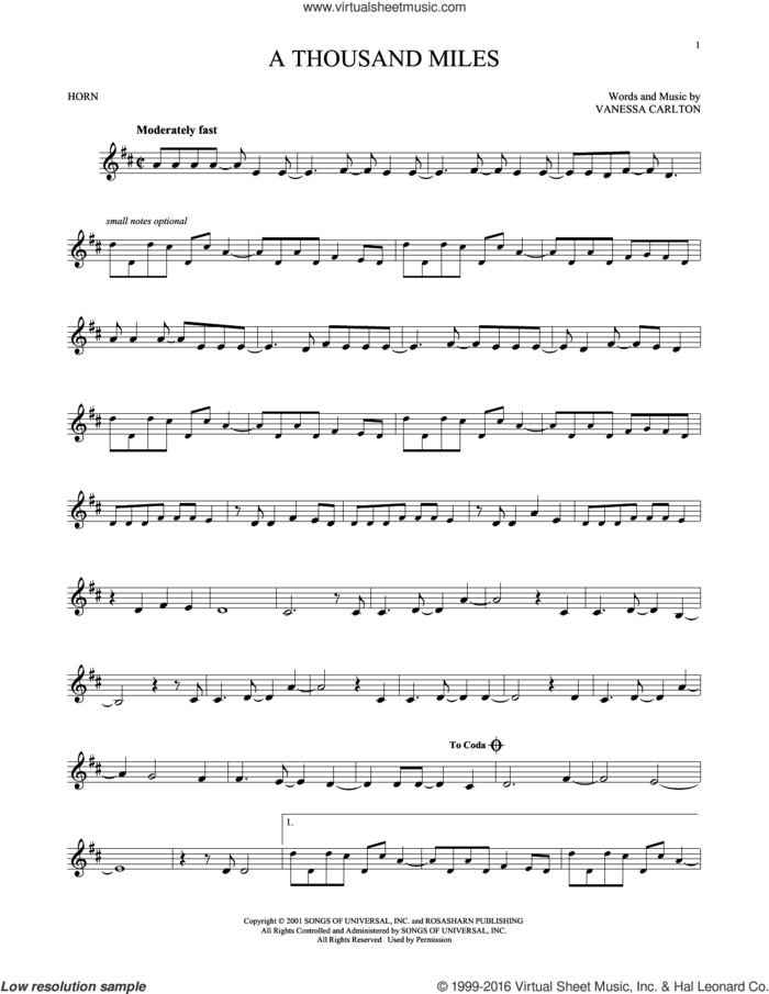 A Thousand Miles sheet music for horn solo by Vanessa Carlton, intermediate skill level