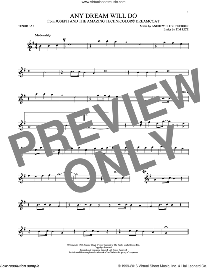 Any Dream Will Do (from Joseph and the Amazing Technicolor Dreamcoat) sheet music for tenor saxophone solo by Andrew Lloyd Webber, Andrew Lloyd Webber & Tim Rice and Tim Rice, intermediate skill level