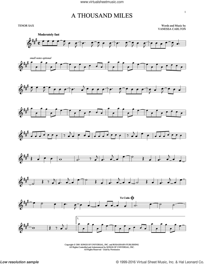 A Thousand Miles sheet music for tenor saxophone solo by Vanessa Carlton, intermediate skill level