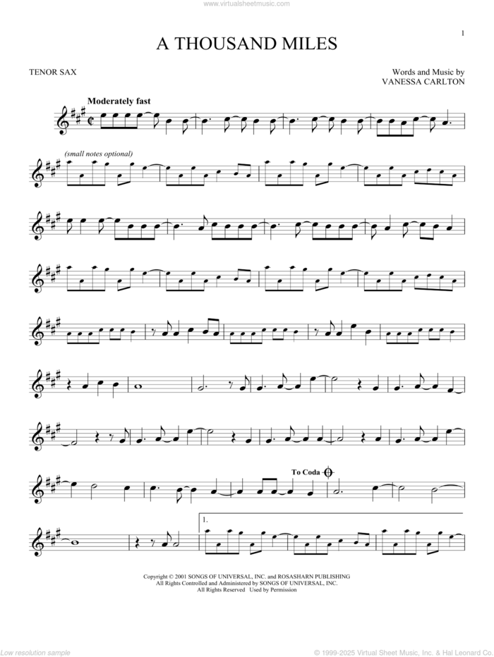 A Thousand Miles sheet music for tenor saxophone solo by Vanessa Carlton, intermediate skill level