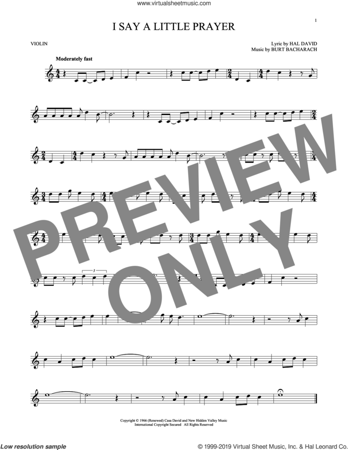 I Say A Little Prayer sheet music for violin solo by Burt Bacharach, Aretha Franklin, Bacharach & David and Hal David, intermediate skill level
