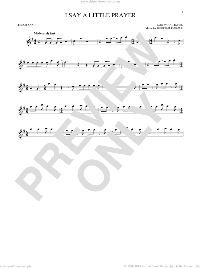 I Say A Little Prayer sheet music for tenor saxophone solo by Burt Bacharach, Bacharach & David and Hal David, intermediate skill level