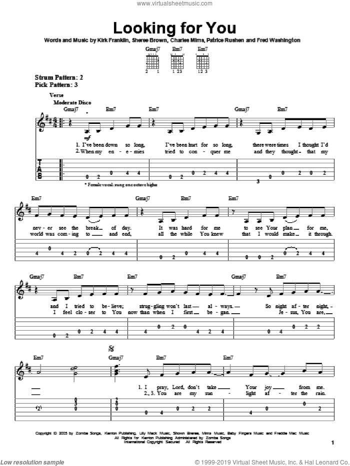 Looking For You sheet music for guitar solo (easy tablature) by Kirk Franklin, Charles Mims, Fred Washington, Patrice Rushen and Sheree Brown, easy guitar (easy tablature)