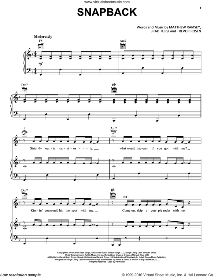 Snapback sheet music for voice, piano or guitar by Old Dominion, Brad Tursi, Matt Ramsey and Trevor Rosen, intermediate skill level