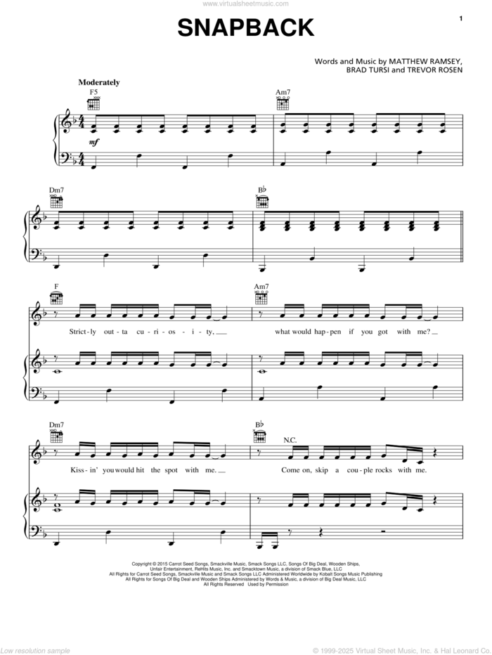 Snapback sheet music for voice, piano or guitar by Old Dominion, Brad Tursi, Matt Ramsey and Trevor Rosen, intermediate skill level