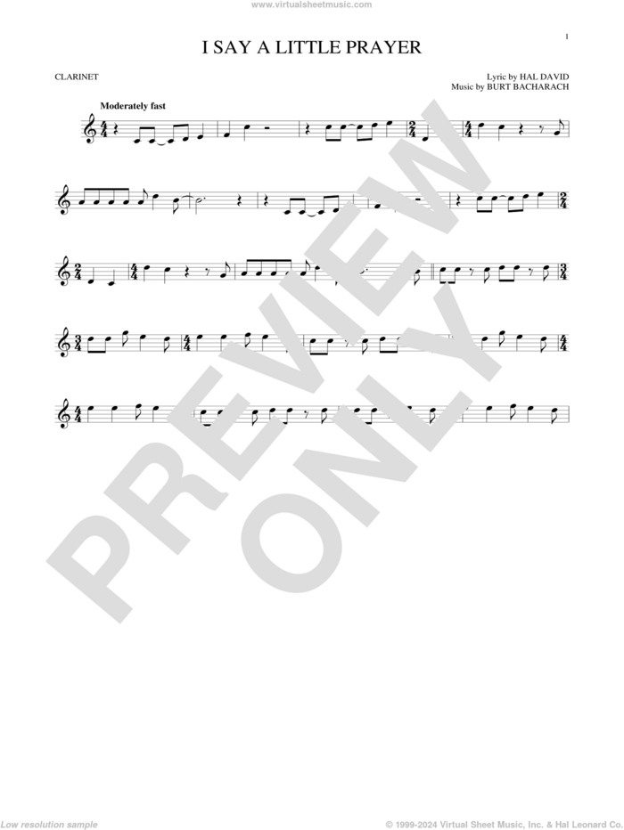 I Say A Little Prayer sheet music for clarinet solo by Burt Bacharach, Bacharach & David and Hal David, intermediate skill level