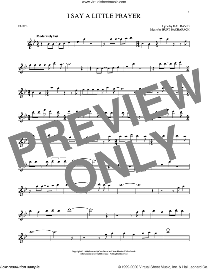I Say A Little Prayer sheet music for flute solo by Burt Bacharach, Bacharach & David and Hal David, intermediate skill level