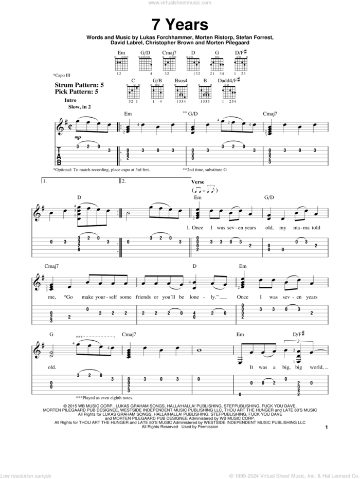 7 Years sheet music for guitar solo (easy tablature) by Lukas Graham, Chris Brown, David Labrel, Lukas Forchhammer, Morten Pilegaard, Morten Ristorp and Stefan Forrest, easy guitar (easy tablature)