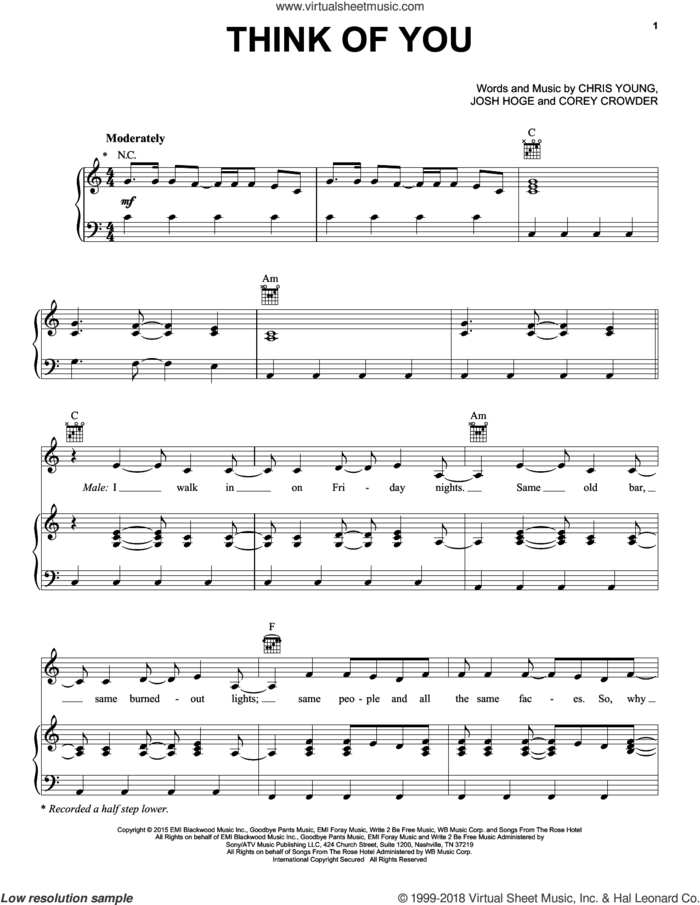Think Of You sheet music for voice, piano or guitar by Chris Young with Cassadee Pope, Chris Young, Corey Crowder and Josh Hoge, intermediate skill level