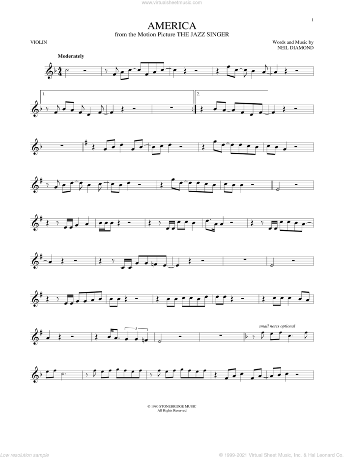 America sheet music for violin solo by Neil Diamond, intermediate skill level