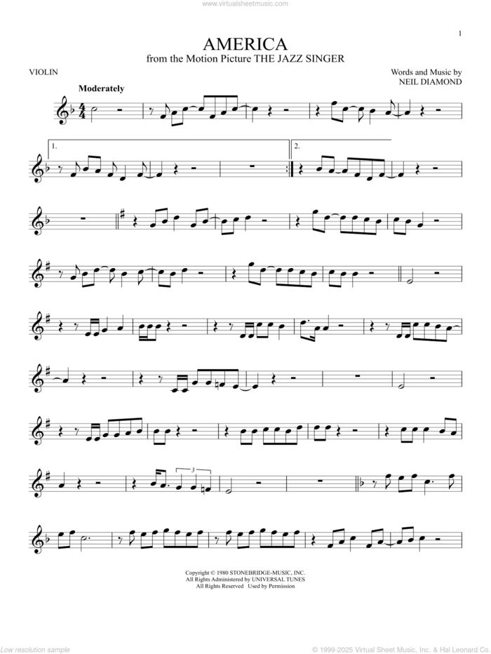 America sheet music for violin solo by Neil Diamond, intermediate skill level