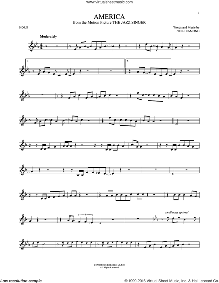 America sheet music for horn solo by Neil Diamond, intermediate skill level