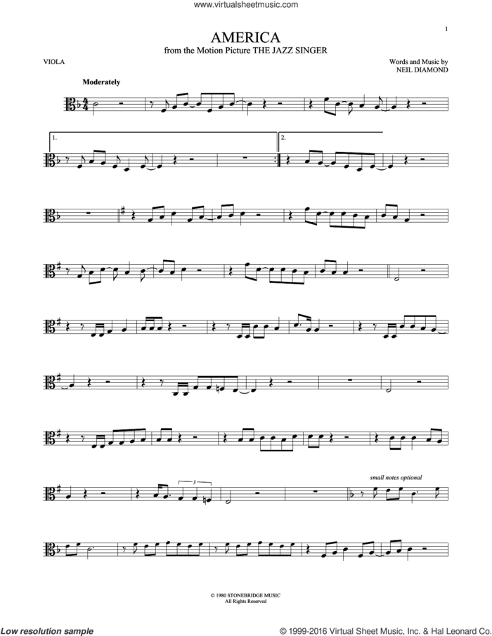 America sheet music for viola solo by Neil Diamond, intermediate skill level