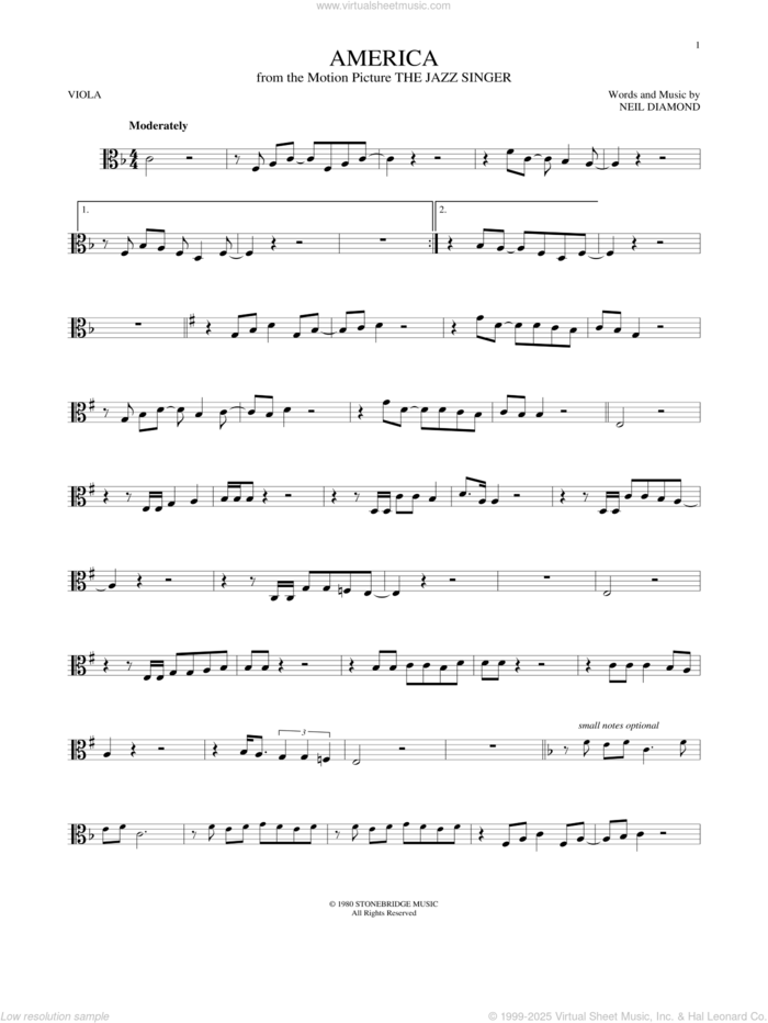 America sheet music for viola solo by Neil Diamond, intermediate skill level