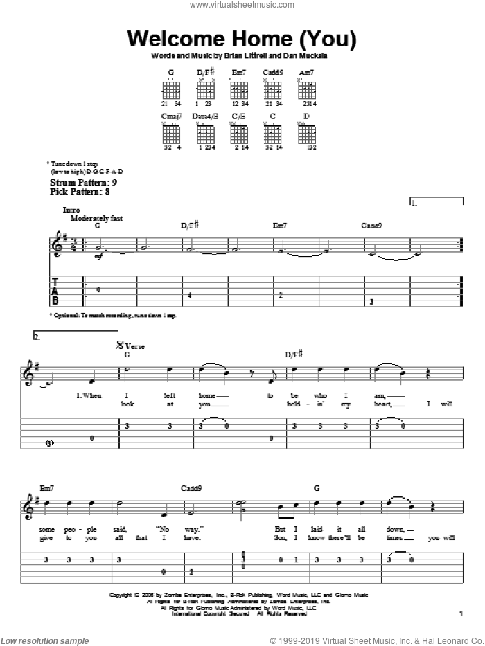 Welcome Home (You) sheet music for guitar solo (easy tablature) by Brian Littrell, Brian Litrell and Dan Muckala, easy guitar (easy tablature)
