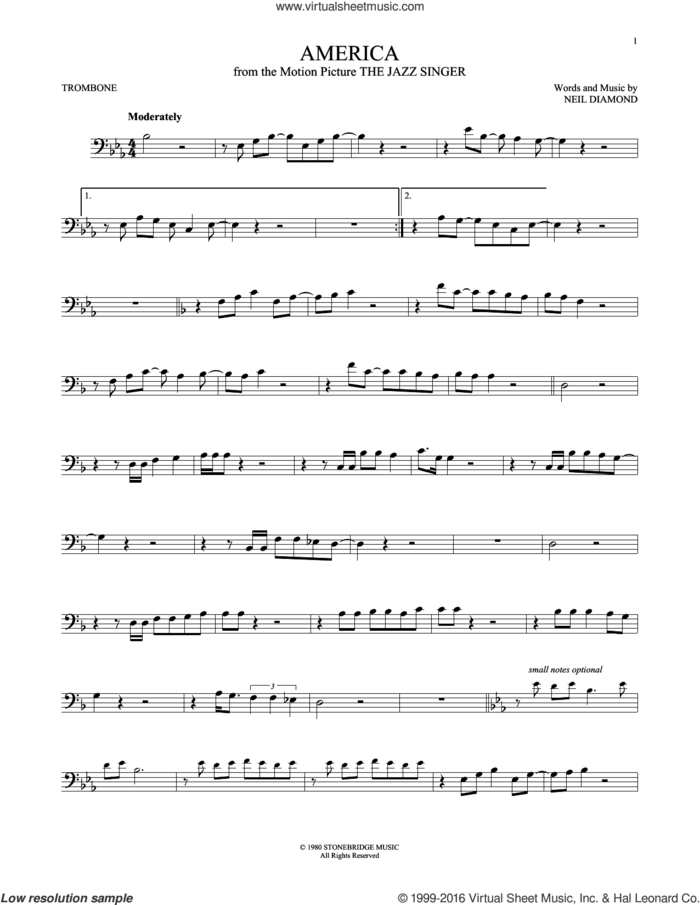 America sheet music for trombone solo by Neil Diamond, intermediate skill level