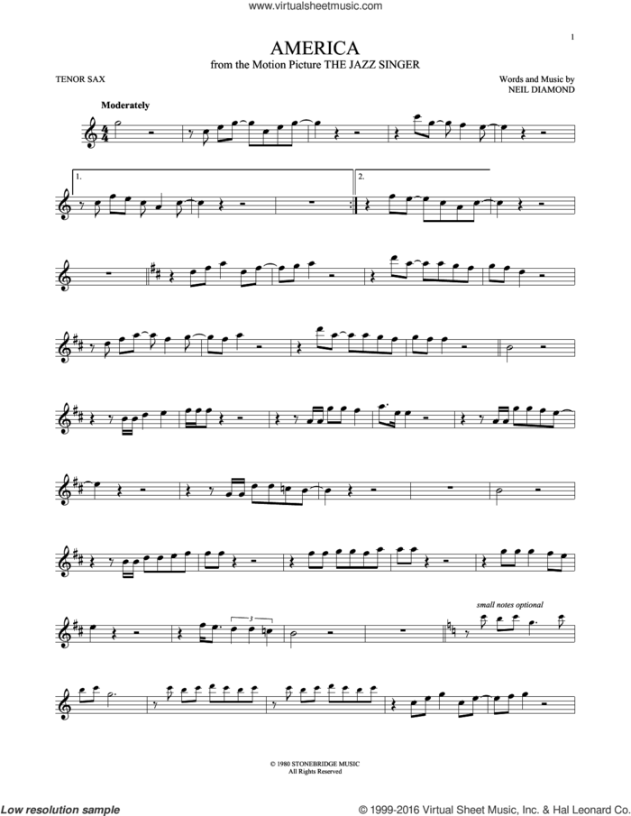 America sheet music for tenor saxophone solo by Neil Diamond, intermediate skill level