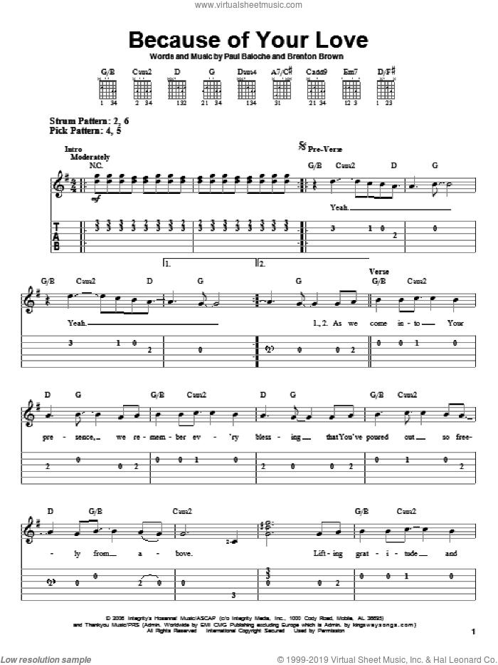 Because Of Your Love sheet music for guitar solo (easy tablature) by Paul Baloche and Brenton Brown, easy guitar (easy tablature)